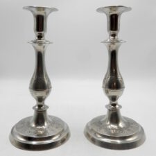 Pair of Engraved American Pewter Candlesticks